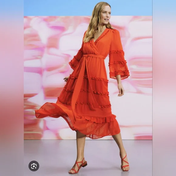 Alexis X Target Elegant Orange Angel Sleeved Tiered Ruffle Dress Size XXS - Picture 6 of 16